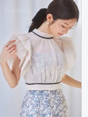 Snidel Sheer White Tie-Neck Puff Sleeve Blouse or bolero with Black Trim 0